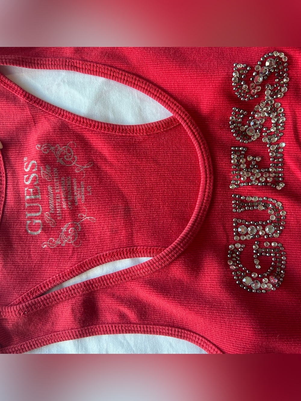Guess Red Rhinestone Logo Tank